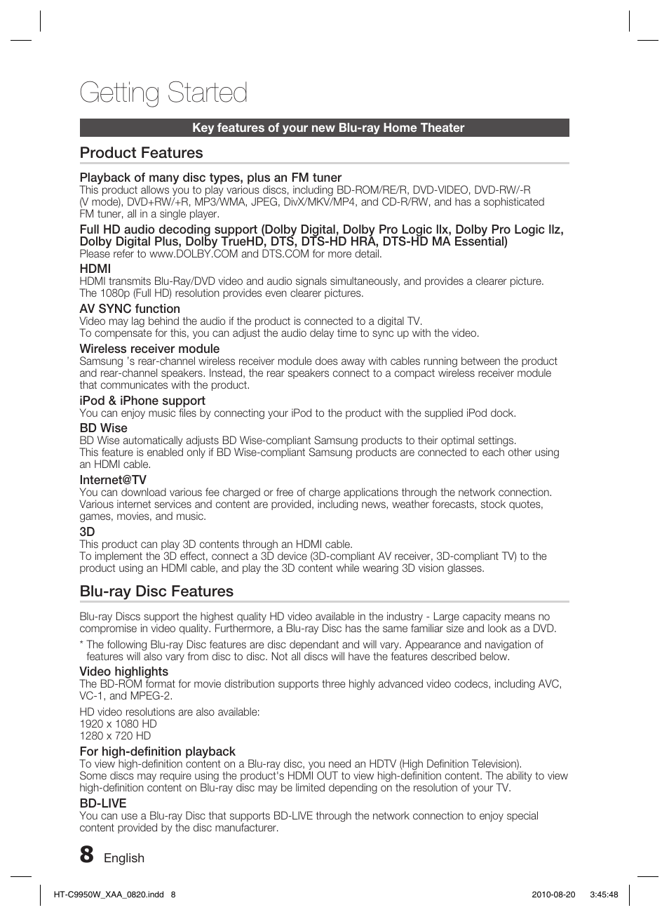 Getting started, Key features of your new blu-ray home theater, Product features | Blu-ray disc features | Samsung HT-C9950W-XAA User Manual | Page 8 / 85