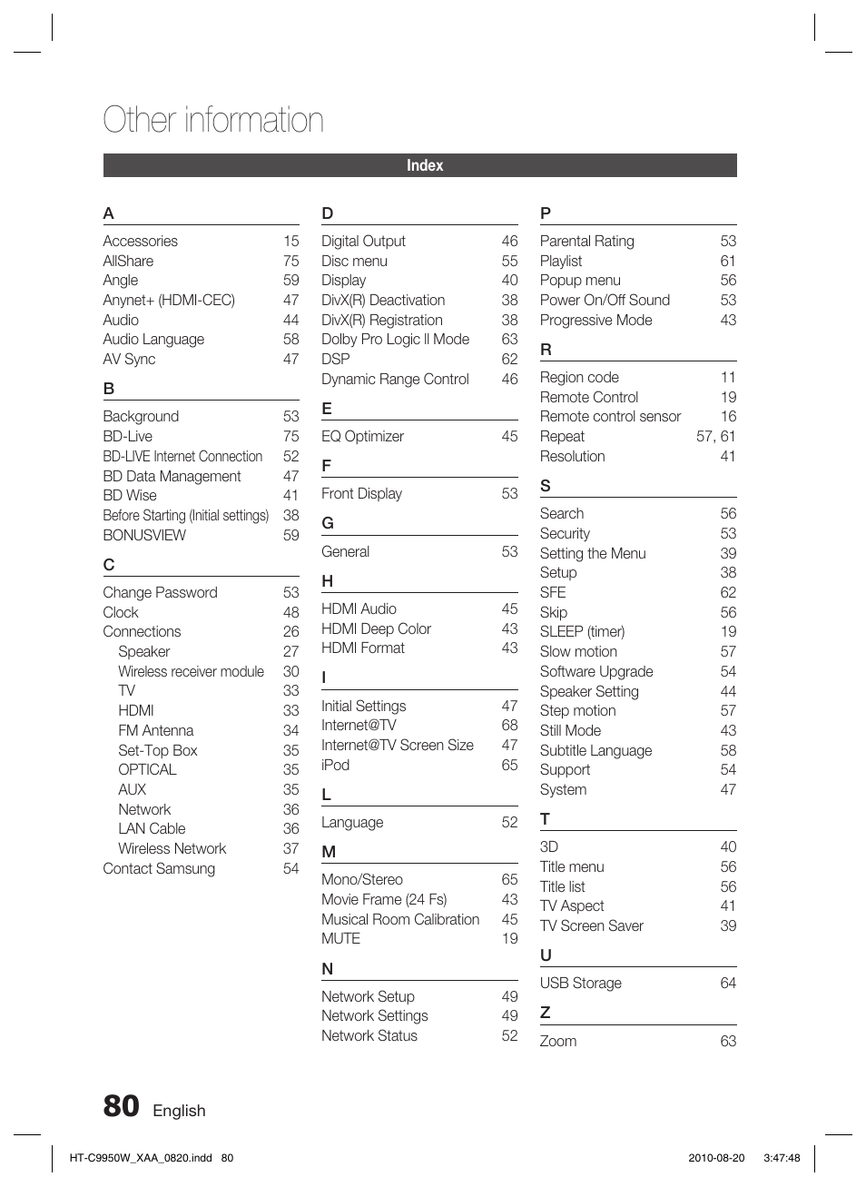 Index, Other information | Samsung HT-C9950W-XAA User Manual | Page 80 / 85