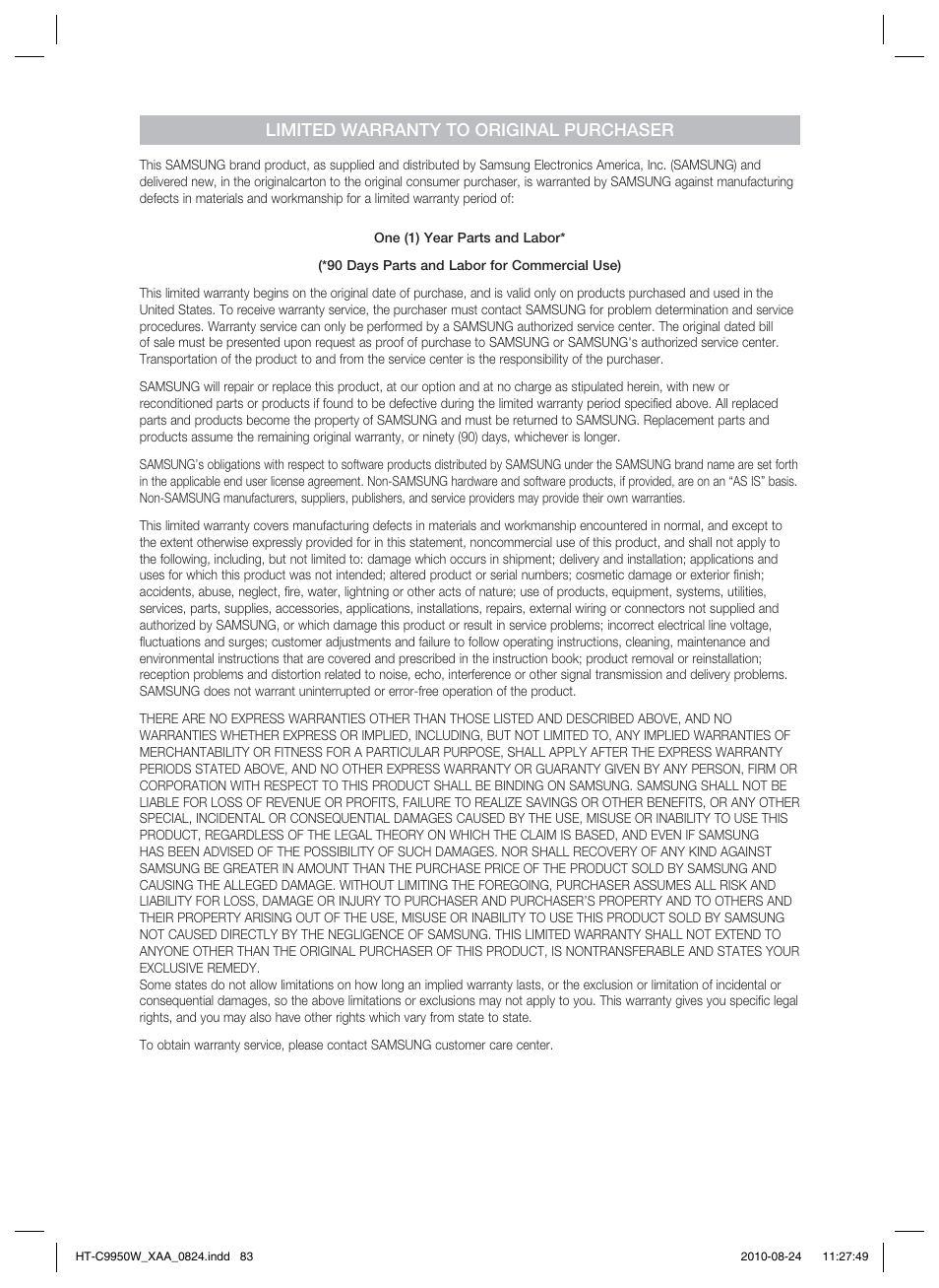 Limited warranty to original purchaser | Samsung HT-C9950W-XAA User Manual | Page 83 / 85