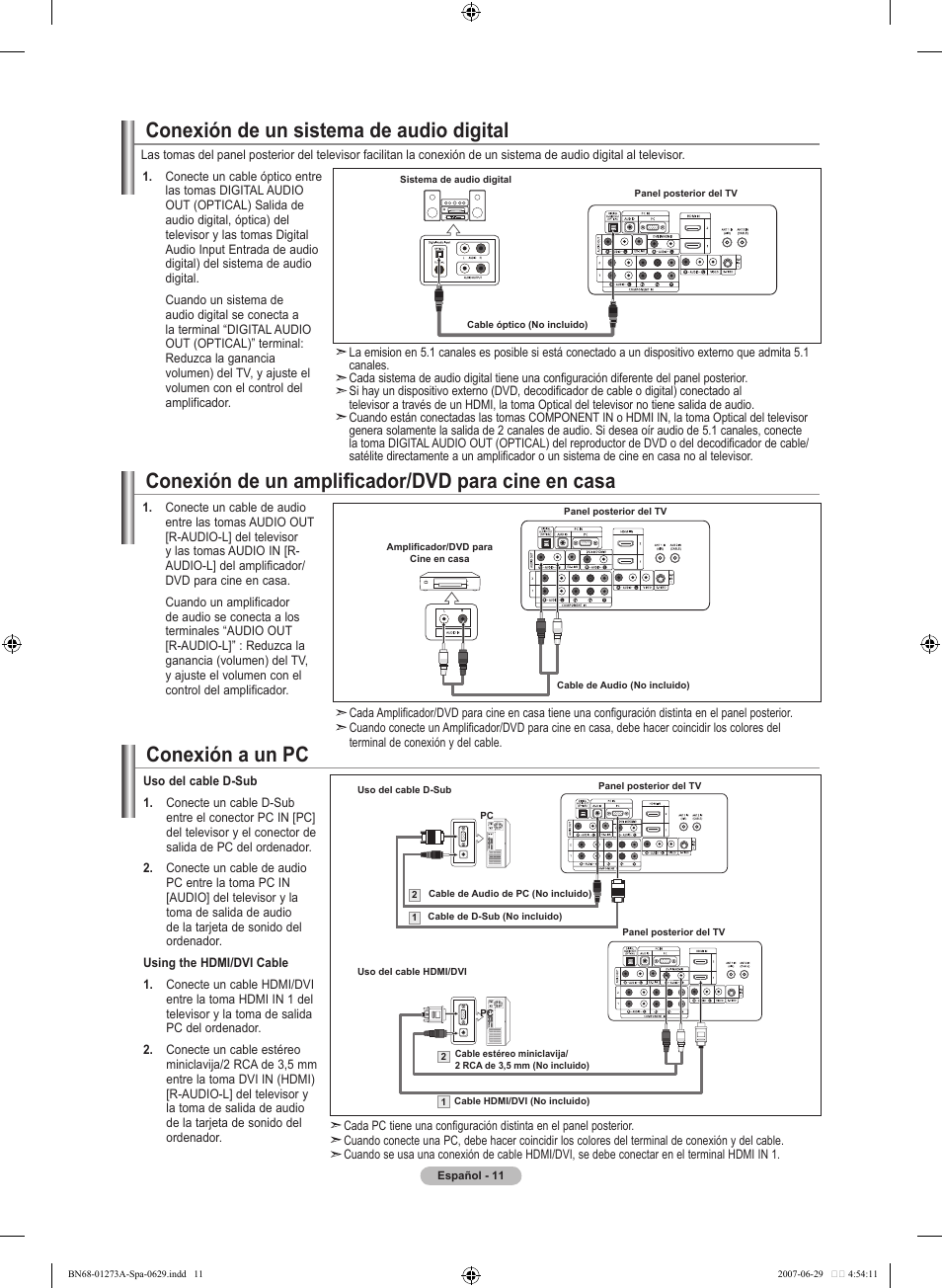 Conexión de un amplificador/dvd para cine en casa, Conexión de un sistema de audio digital, Conexión a un pc | Samsung LNT466FX-XAA User Manual | Page 102 / 180