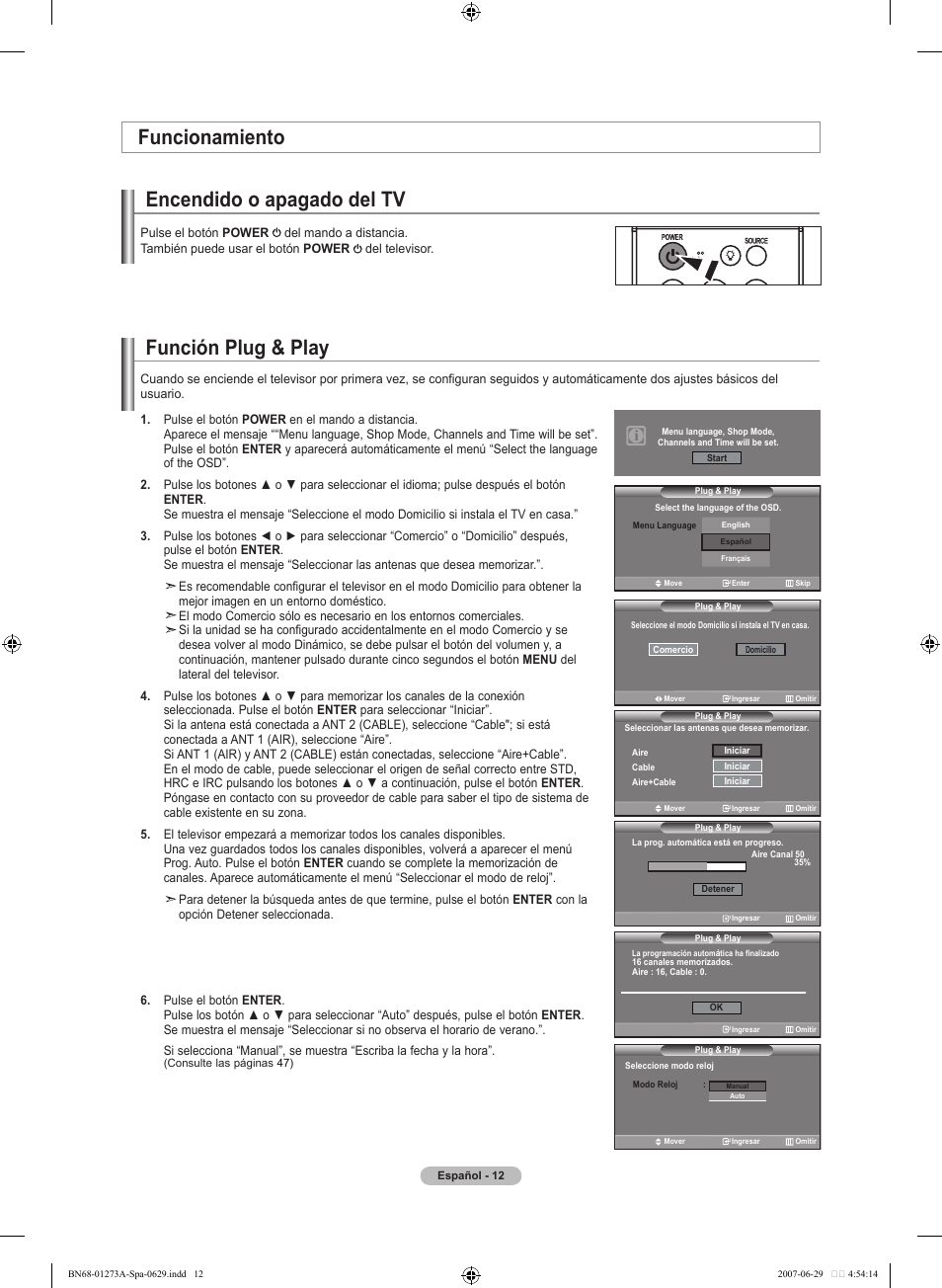 Función plug & play, Encendido o apagado del tv, Funcionamiento | Samsung LNT466FX-XAA User Manual | Page 103 / 180