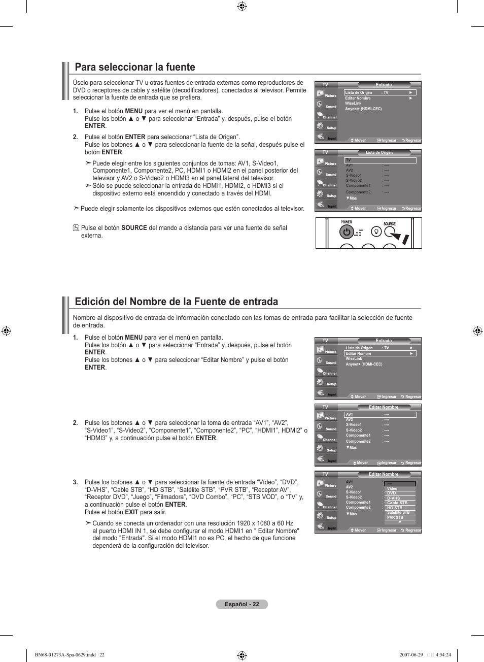 Para seleccionar la fuente, Edición del nombre de la fuente de entrada | Samsung LNT466FX-XAA User Manual | Page 113 / 180