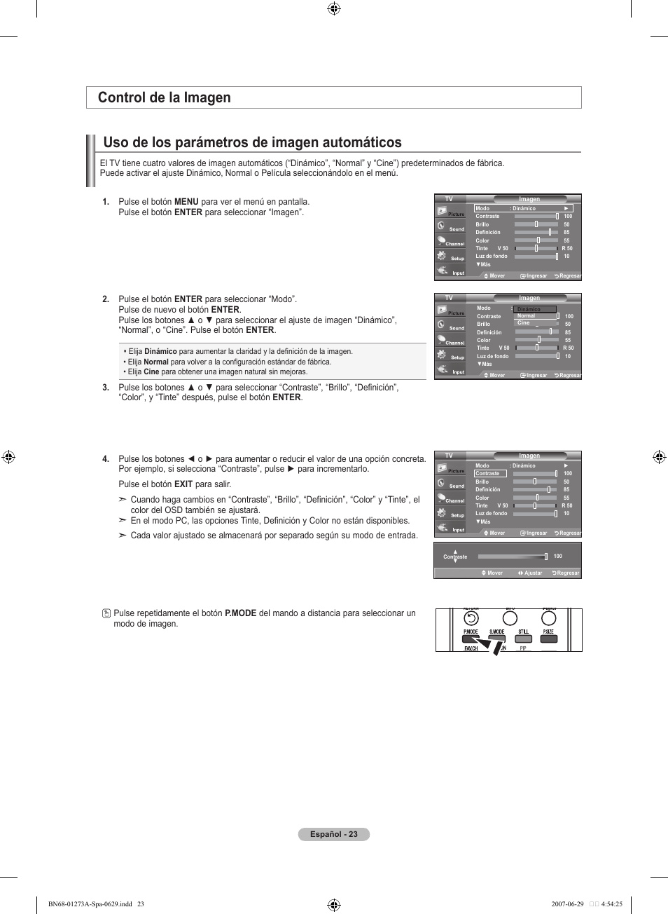 Uso de los parámetros de imagen automáticos, Control de la imagen | Samsung LNT466FX-XAA User Manual | Page 114 / 180