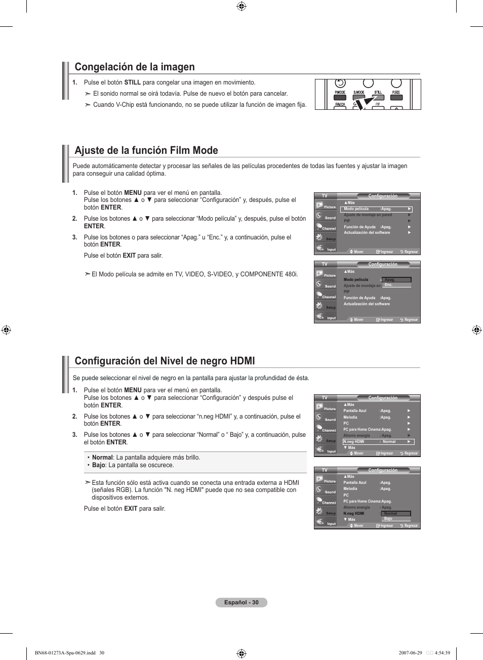 Congelación de la imagen, Ajuste de la función film mode, Configuración del nivel de negro hdmi | Samsung LNT466FX-XAA User Manual | Page 121 / 180