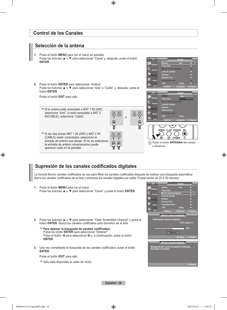 Control de los canales selección de la antena, Supresión de los canales codificados digitales | Samsung LNT466FX-XAA User Manual | Page 129 / 180
