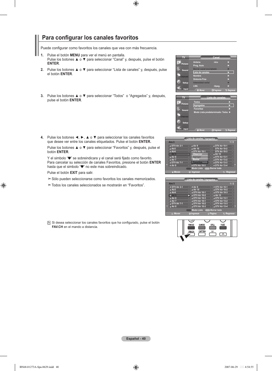 Para configurar los canales favoritos | Samsung LNT466FX-XAA User Manual | Page 131 / 180