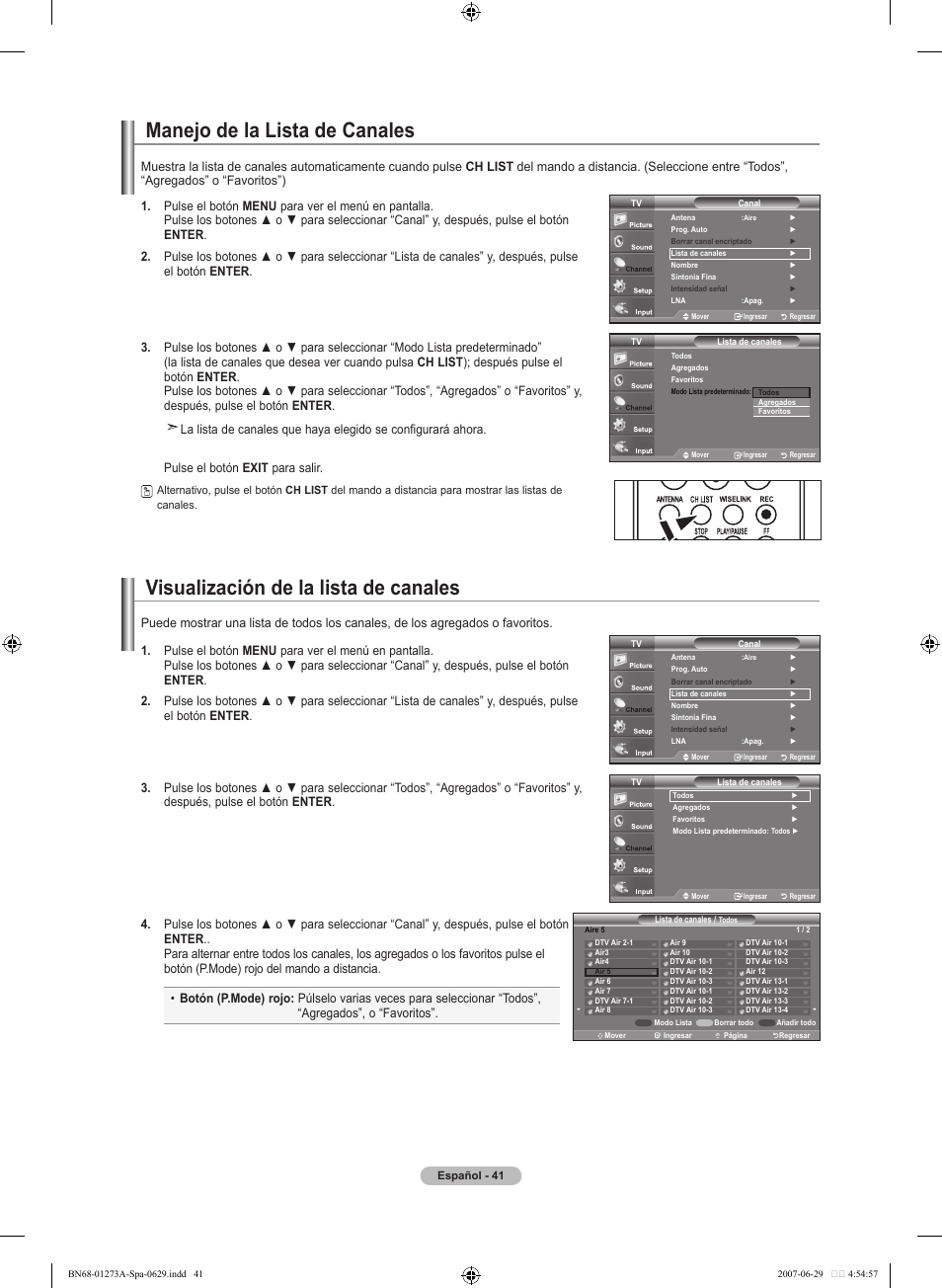 Manejo de la lista de canales, Visualización de la lista de canales | Samsung LNT466FX-XAA User Manual | Page 132 / 180