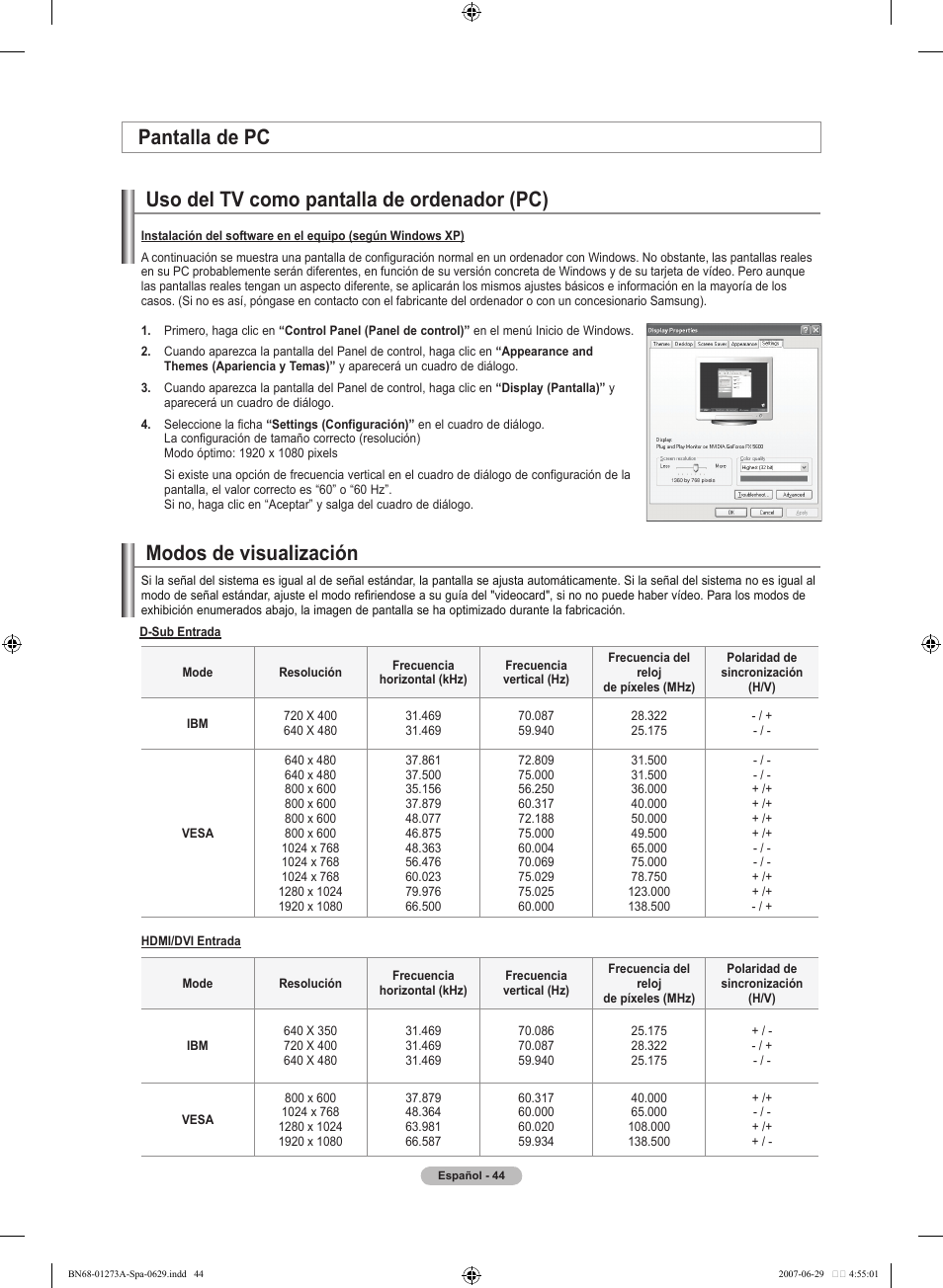 Uso del tv como pantalla de ordenador (pc), Modos de visualización pantalla de pc | Samsung LNT466FX-XAA User Manual | Page 135 / 180