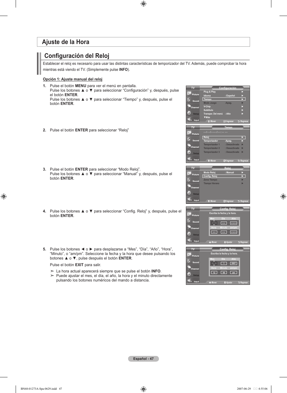 Configuración del reloj, Ajuste de la hora | Samsung LNT466FX-XAA User Manual | Page 138 / 180