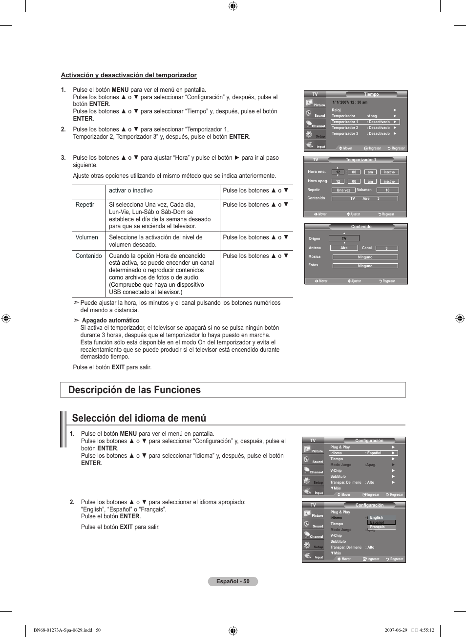 Selección del idioma de menú, Descripción de las funciones | Samsung LNT466FX-XAA User Manual | Page 141 / 180