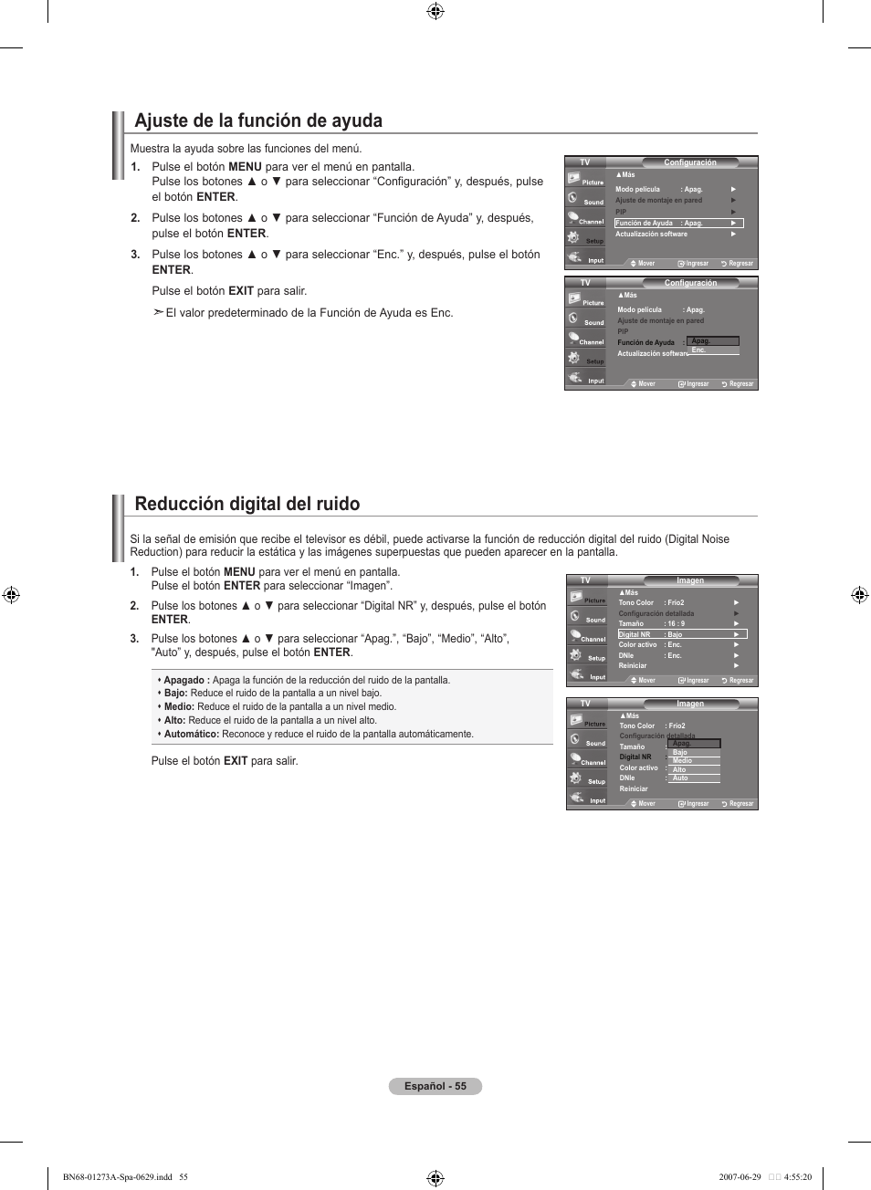 Ajuste de la función de ayuda, Reducción digital del ruido | Samsung LNT466FX-XAA User Manual | Page 146 / 180