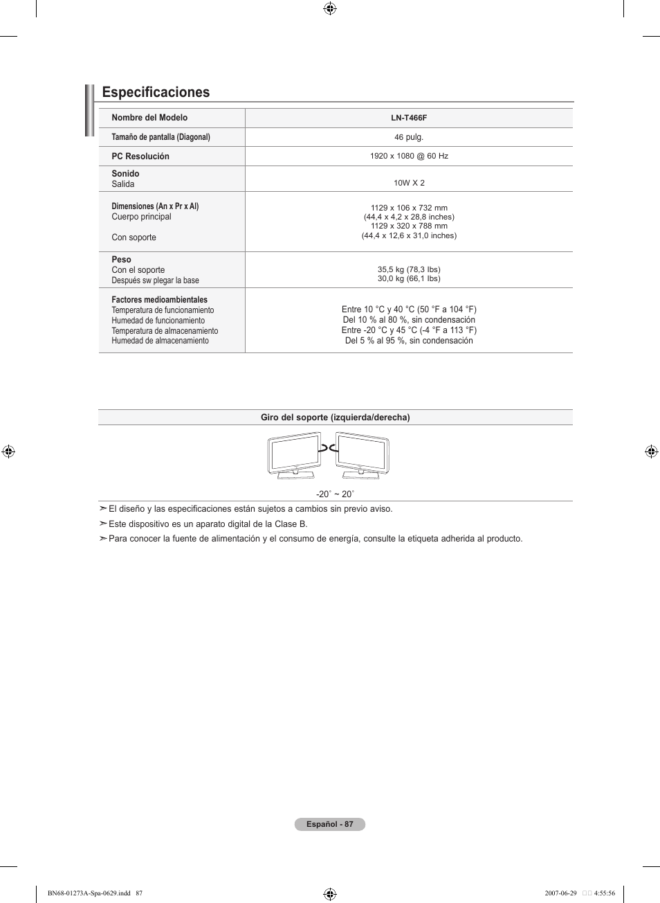 Especificaciones | Samsung LNT466FX-XAA User Manual | Page 178 / 180