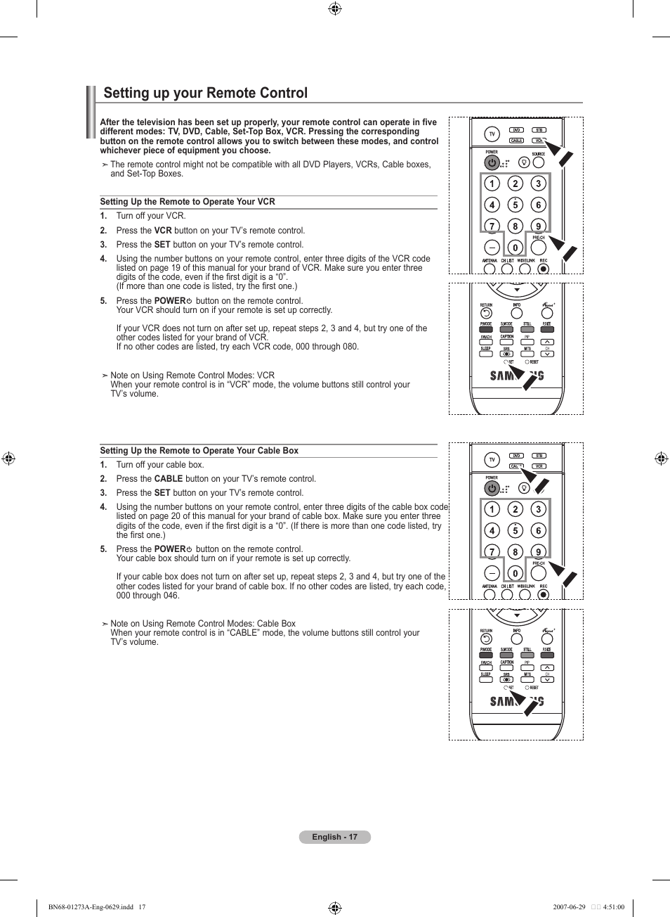 Setting up your remote control | Samsung LNT466FX-XAA User Manual | Page 19 / 180