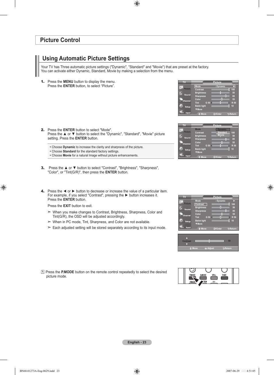 Picture control, Using automatic picture settings | Samsung LNT466FX-XAA User Manual | Page 25 / 180