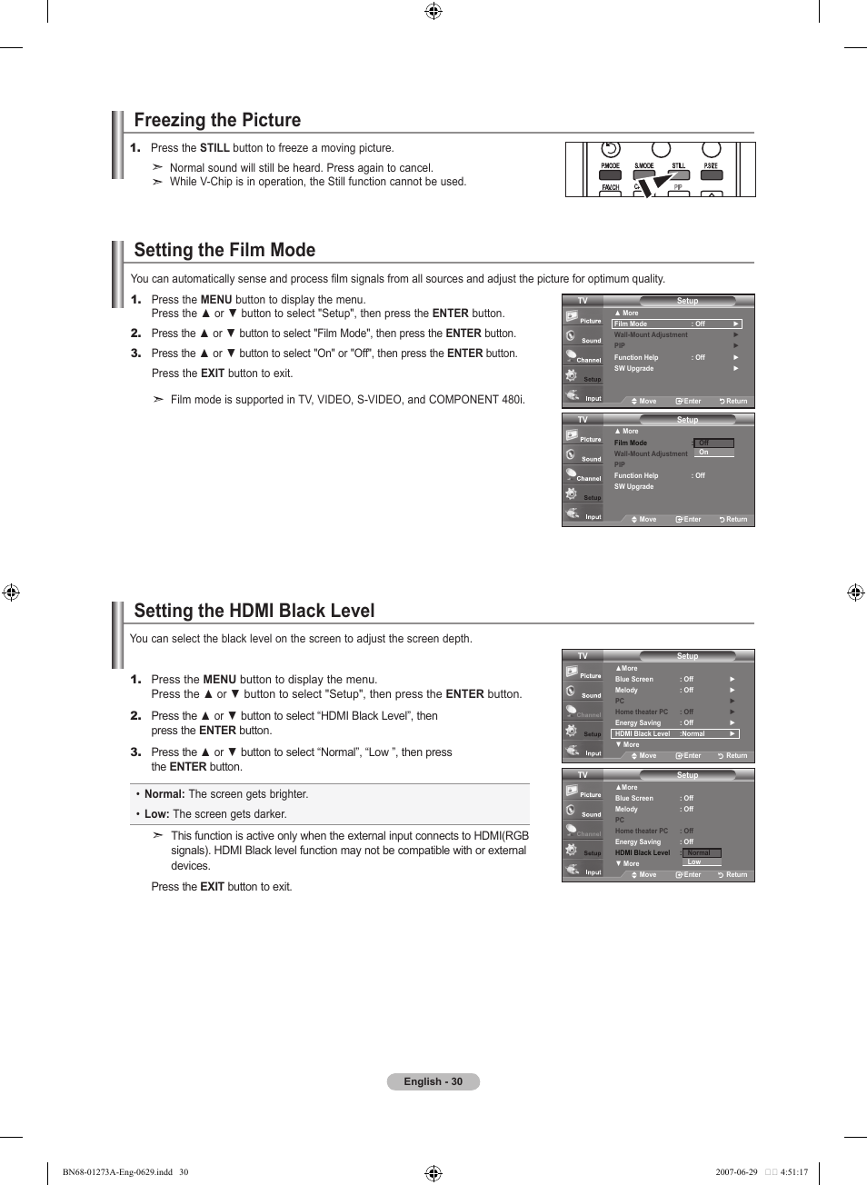 Freezing the picture, Setting the film mode, Setting the hdmi black level | Samsung LNT466FX-XAA User Manual | Page 32 / 180