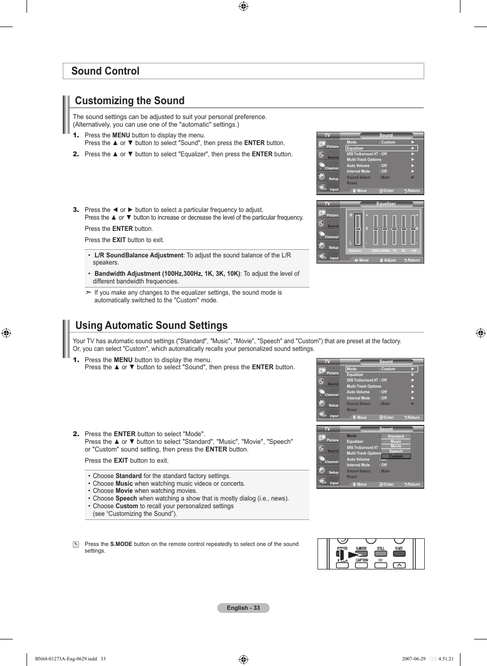 Sound control, Customizing the sound, Using automatic sound settings | Samsung LNT466FX-XAA User Manual | Page 35 / 180