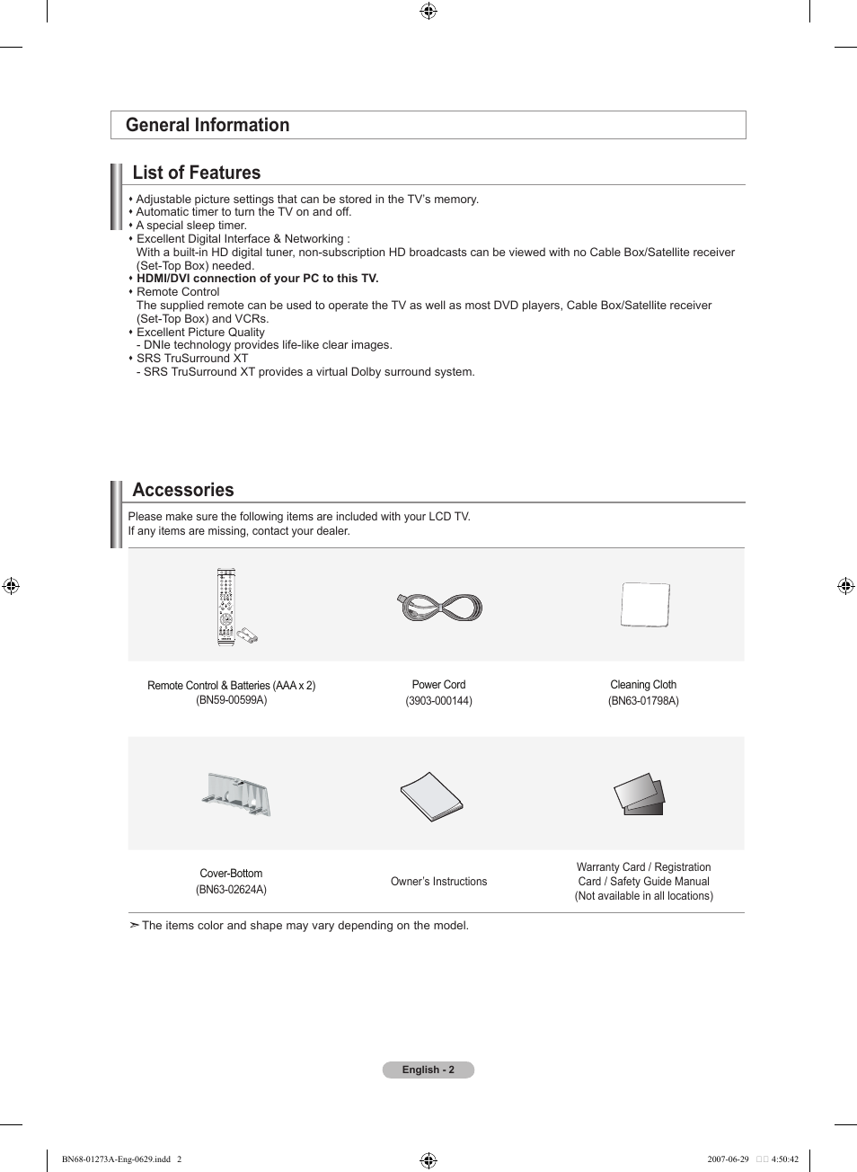 General information, Accessories, General information list of features | Samsung LNT466FX-XAA User Manual | Page 4 / 180