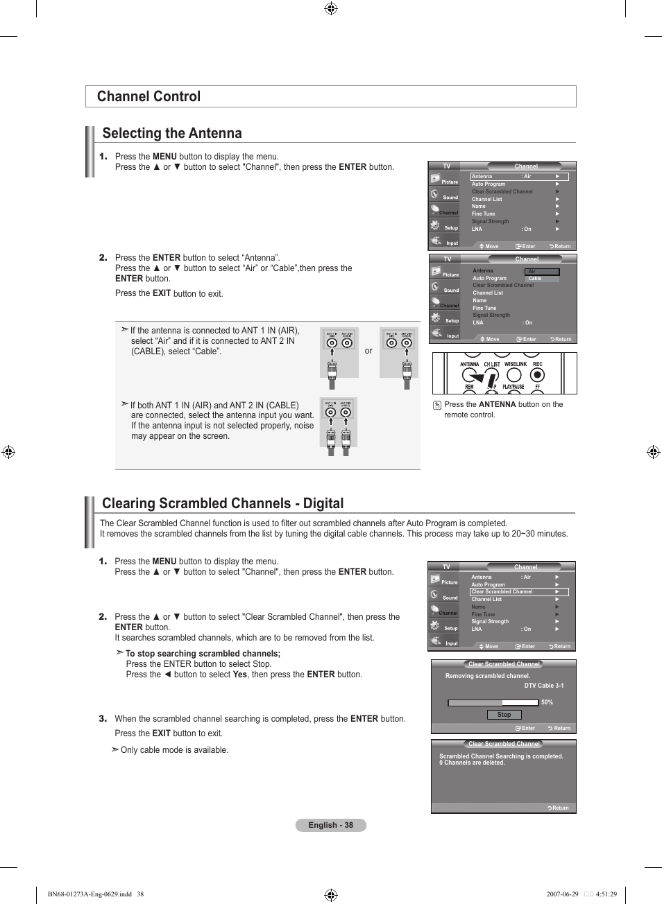 Channel control, Channel control selecting the antenna, Clearing scrambled channels - digital | Samsung LNT466FX-XAA User Manual | Page 40 / 180
