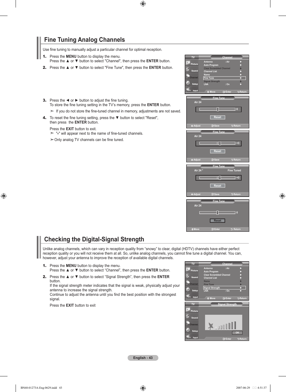 Fine tuning analog channels, Checking the digital-signal strength | Samsung LNT466FX-XAA User Manual | Page 45 / 180
