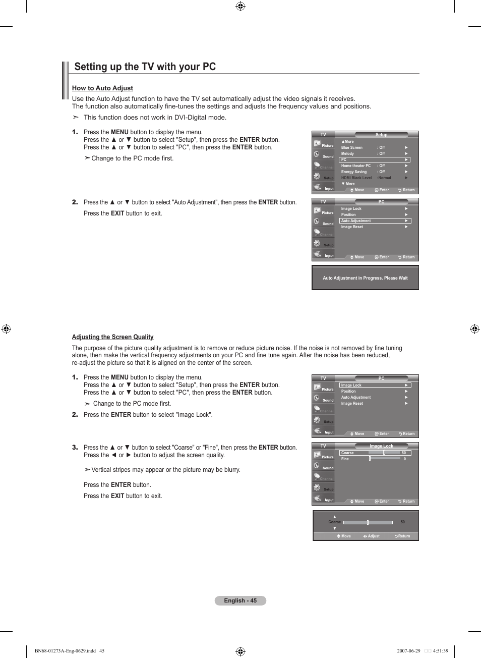 Setting up the tv with your pc, This function does not work in dvi-digital mode | Samsung LNT466FX-XAA User Manual | Page 47 / 180