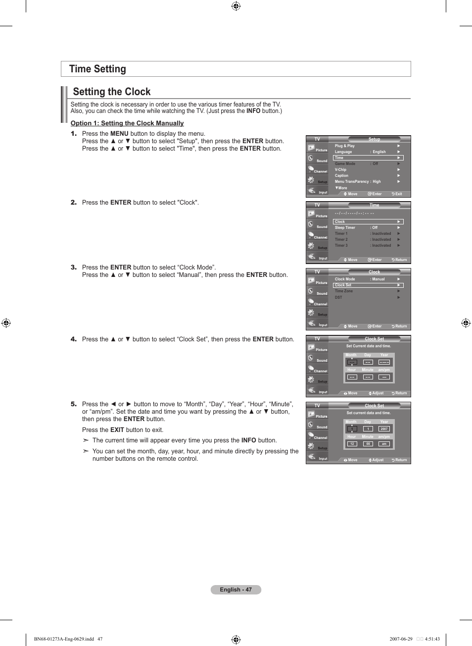 Time setting, Setting the clock | Samsung LNT466FX-XAA User Manual | Page 49 / 180