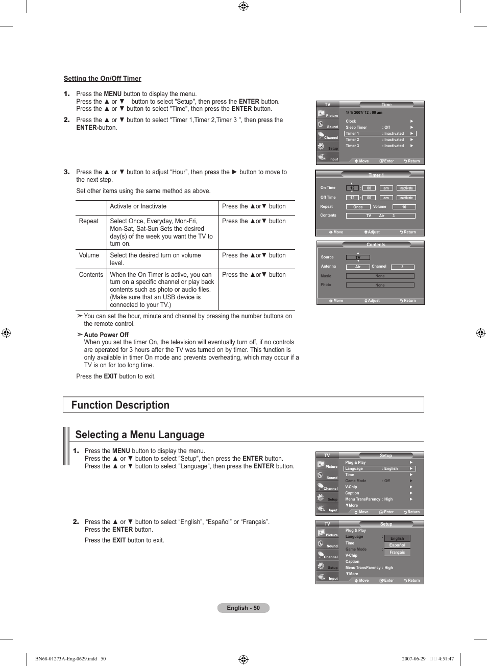 Function description, Selecting a menu language | Samsung LNT466FX-XAA User Manual | Page 52 / 180