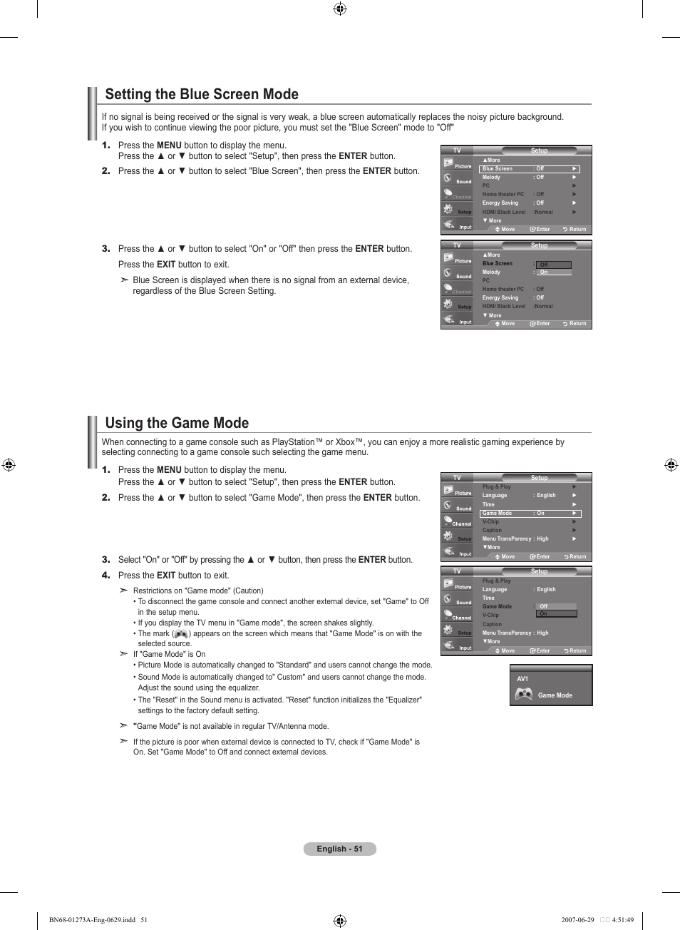 Using the game mode, Setting the blue screen mode | Samsung LNT466FX-XAA User Manual | Page 53 / 180