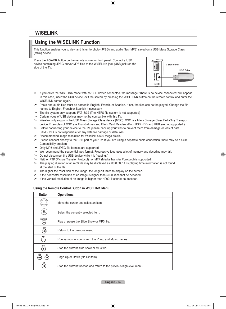 Wiselink, Wiselink using the wiselink function | Samsung LNT466FX-XAA User Manual | Page 66 / 180