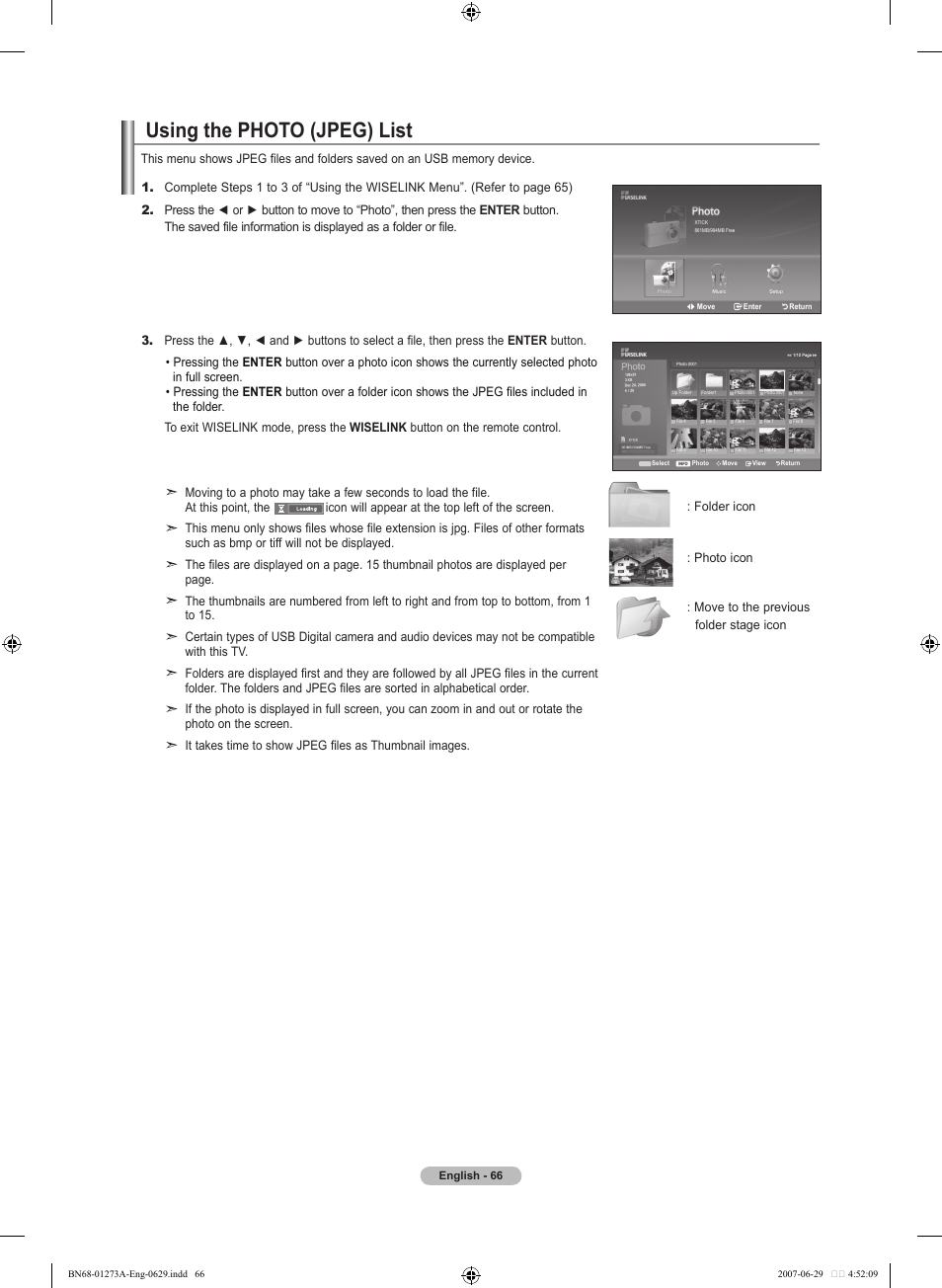 Using the photo (jpeg) list | Samsung LNT466FX-XAA User Manual | Page 68 / 180