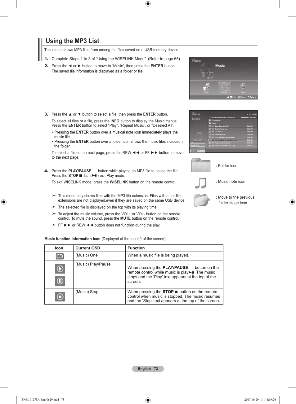 Using the mp3 list | Samsung LNT466FX-XAA User Manual | Page 75 / 180