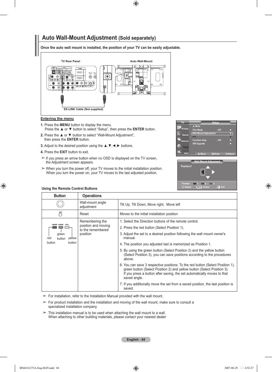 Auto wall-mount adjustment, Sold separately) | Samsung LNT466FX-XAA User Manual | Page 86 / 180