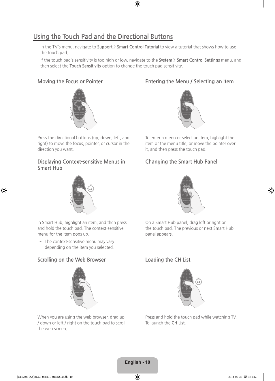 Using the touch pad and the directional buttons | Samsung UN65H6400AFXZA User Manual | Page 10 / 40