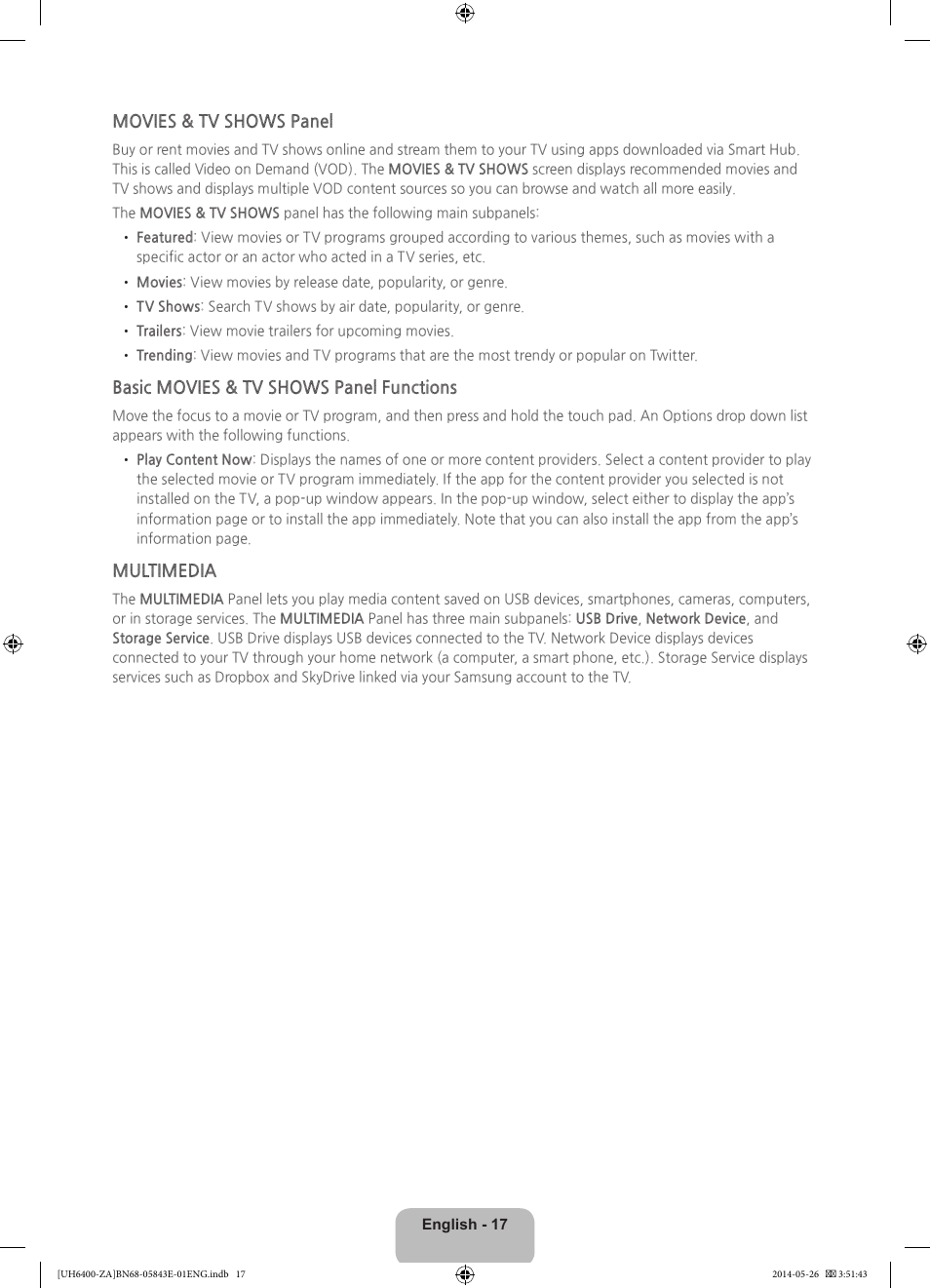 Movies & tv shows panel, Basic movies & tv shows panel functions, Multimedia | Samsung UN65H6400AFXZA User Manual | Page 17 / 40