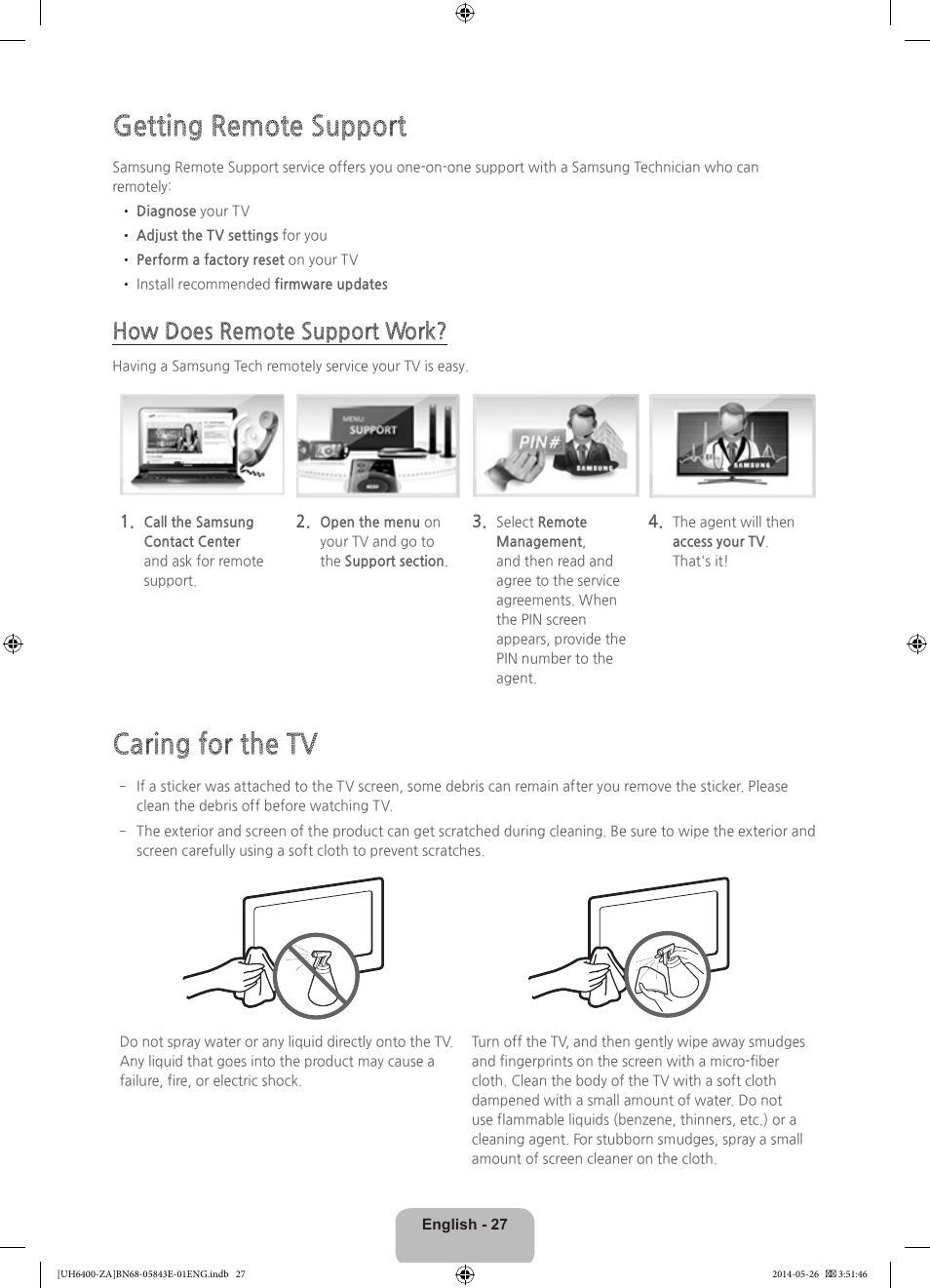 Getting remote support, Caring for the tv, How does remote support work | Samsung UN65H6400AFXZA User Manual | Page 27 / 40