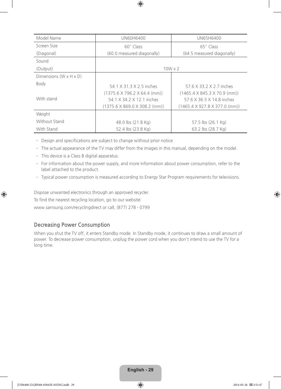 Decreasing power consumption | Samsung UN65H6400AFXZA User Manual | Page 29 / 40