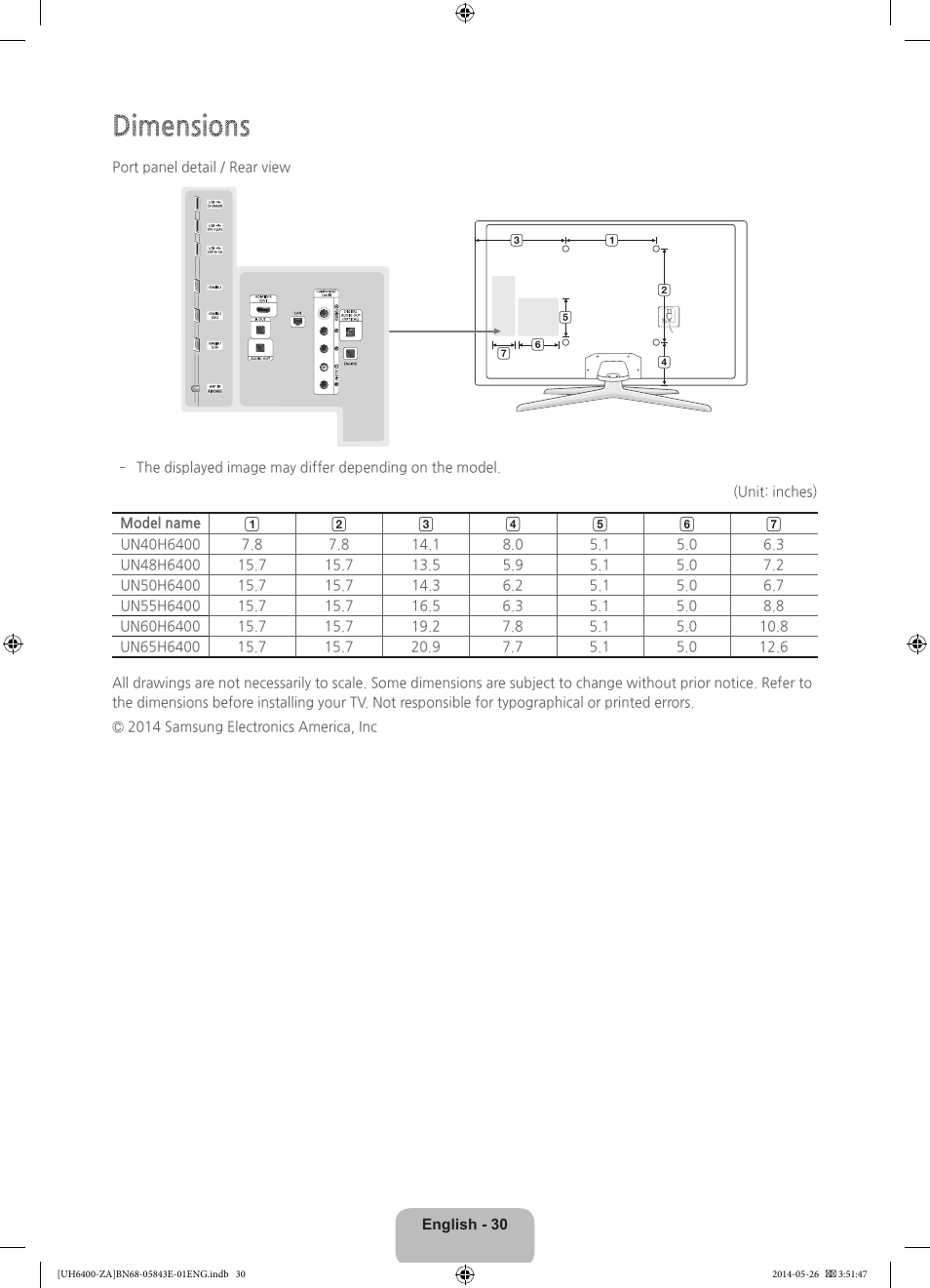 Dimensions | Samsung UN65H6400AFXZA User Manual | Page 30 / 40