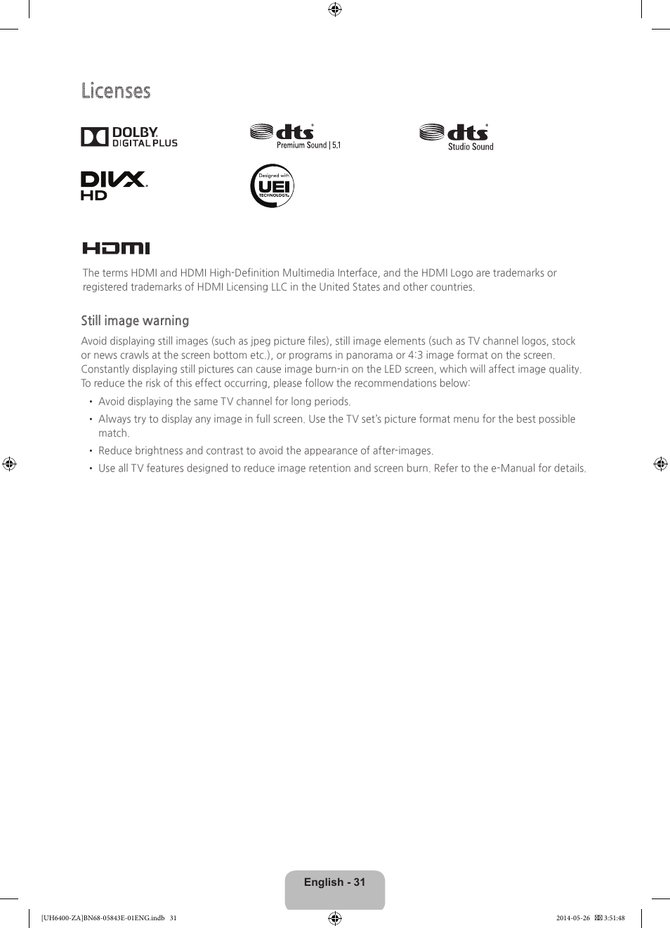 Licenses | Samsung UN65H6400AFXZA User Manual | Page 31 / 40