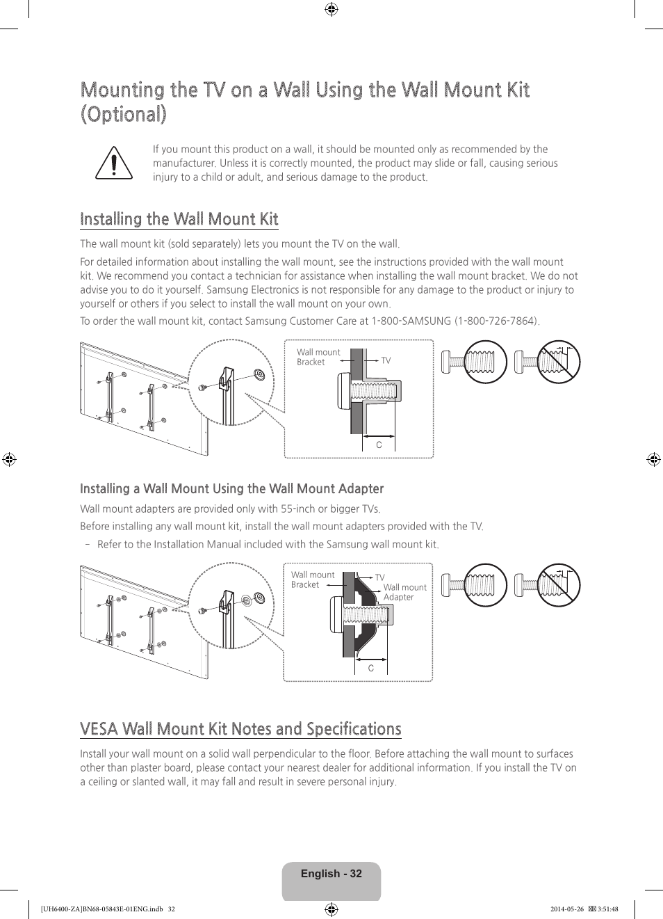 Installing the wall mount kit | Samsung UN65H6400AFXZA User Manual | Page 32 / 40
