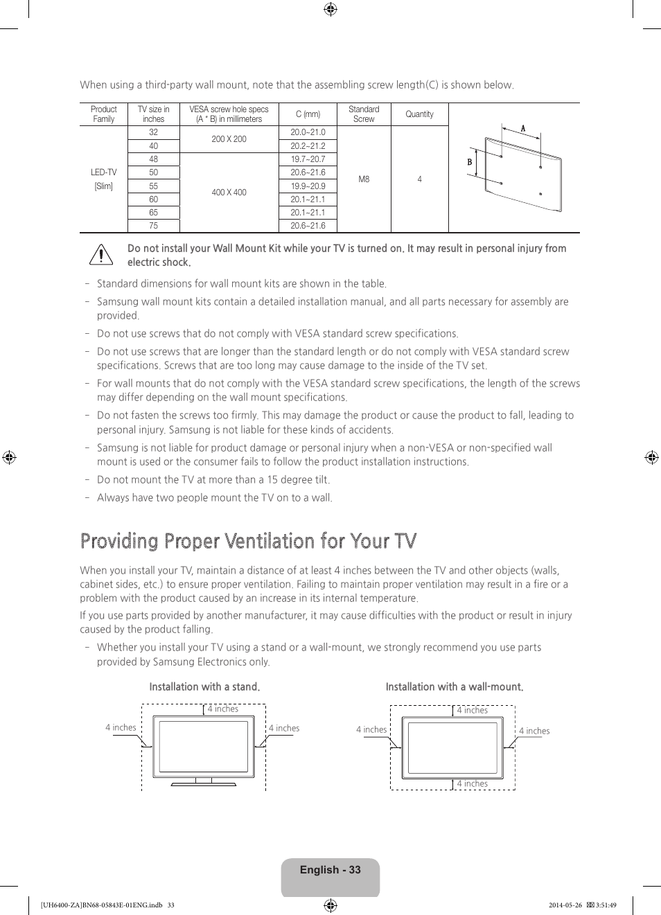 Providing proper ventilation for your tv | Samsung UN65H6400AFXZA User Manual | Page 33 / 40