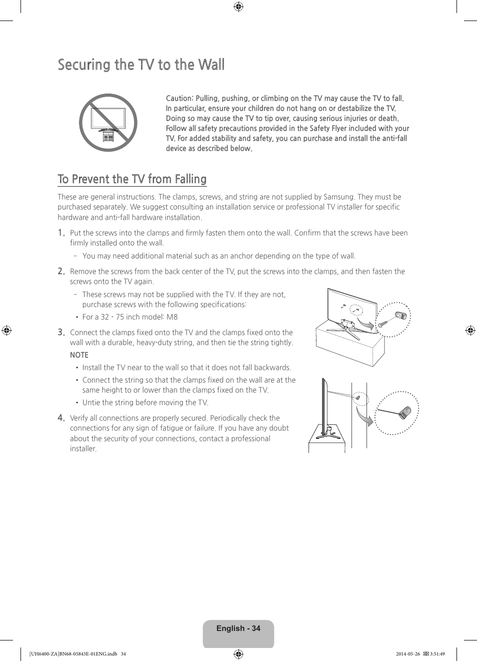 Securing the tv to the wall | Samsung UN65H6400AFXZA User Manual | Page 34 / 40