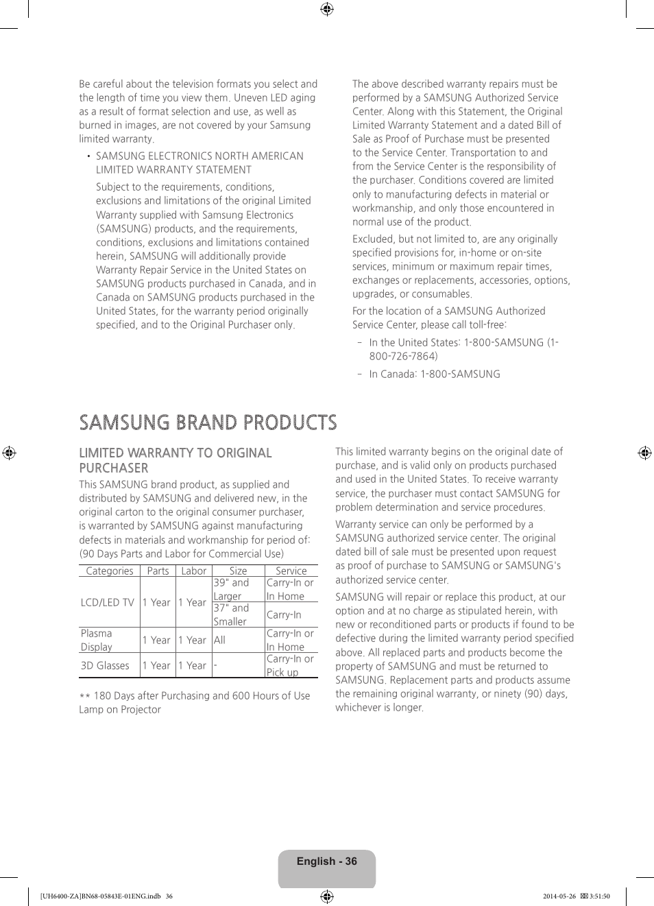 Samsung brand products, Limited warranty to original purchaser | Samsung UN65H6400AFXZA User Manual | Page 36 / 40