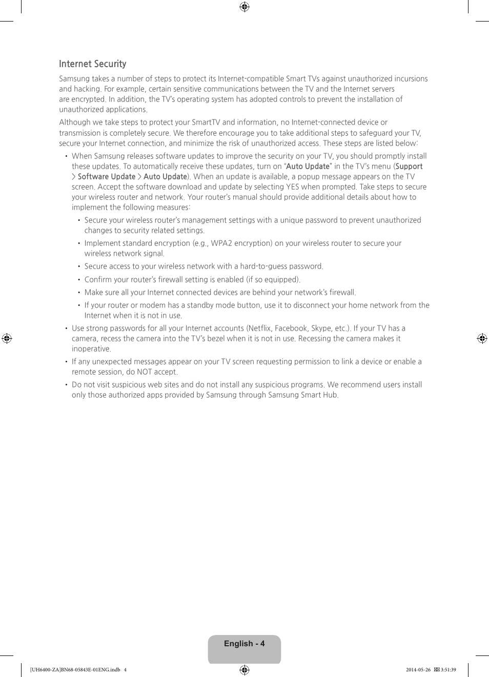 Internet security | Samsung UN65H6400AFXZA User Manual | Page 4 / 40