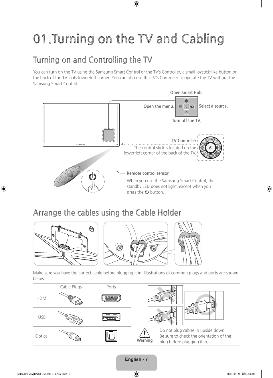 Turning on the tv and cabling, Turning on and controlling the tv, Arrange the cables using the cable holder | Samsung UN65H6400AFXZA User Manual | Page 7 / 40