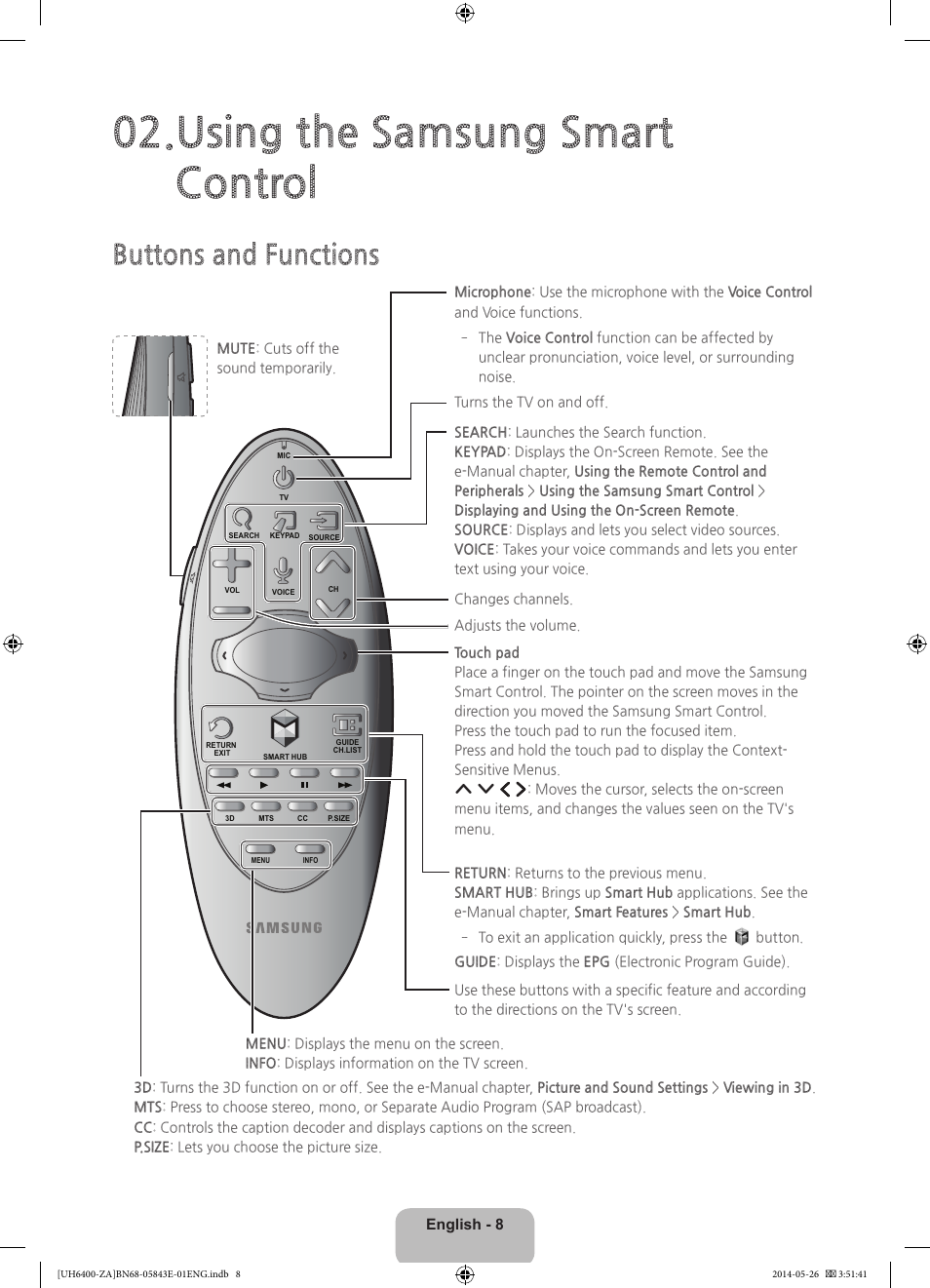 Using the samsung smart control, Buttons and functions, English - 8 | Samsung UN65H6400AFXZA User Manual | Page 8 / 40