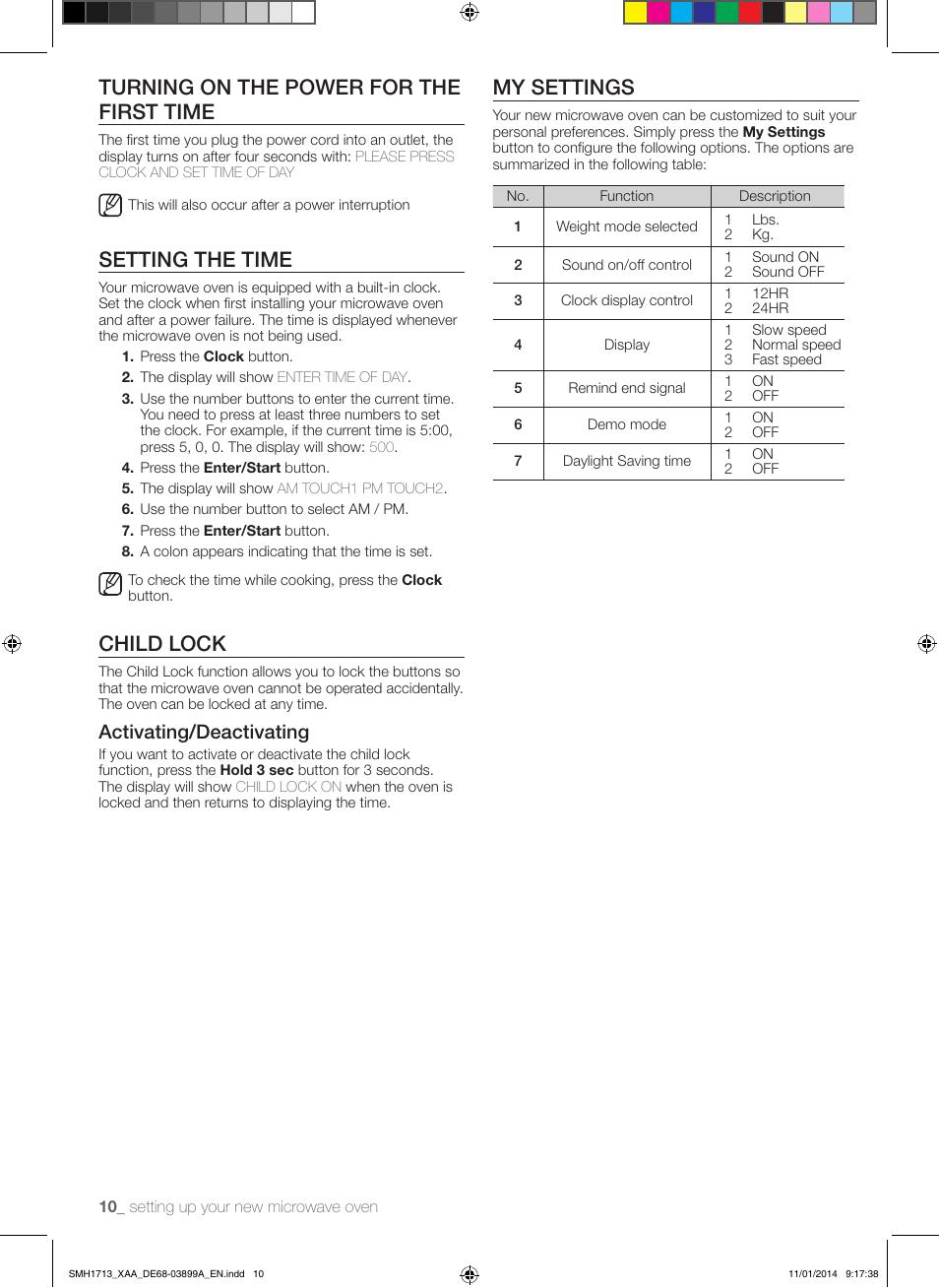 Turning on the power for the first time, Setting the time, Child lock | My settings, Activating/deactivating | Samsung SMH1713W-XAA User Manual | Page 10 / 52