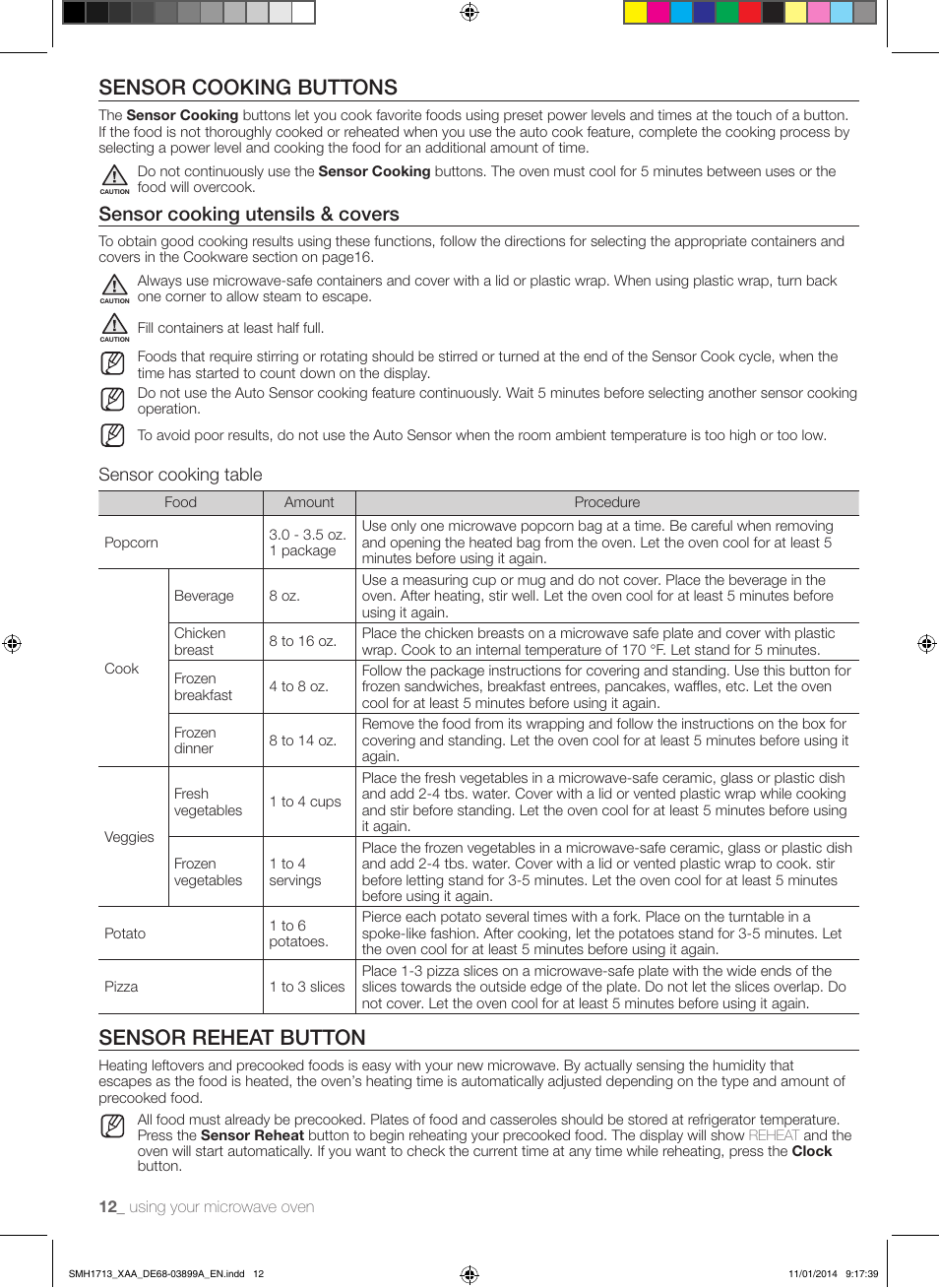 Sensor cooking buttons, Sensor reheat button, Sensor cooking utensils & covers | Sensor cooking table | Samsung SMH1713W-XAA User Manual | Page 12 / 52