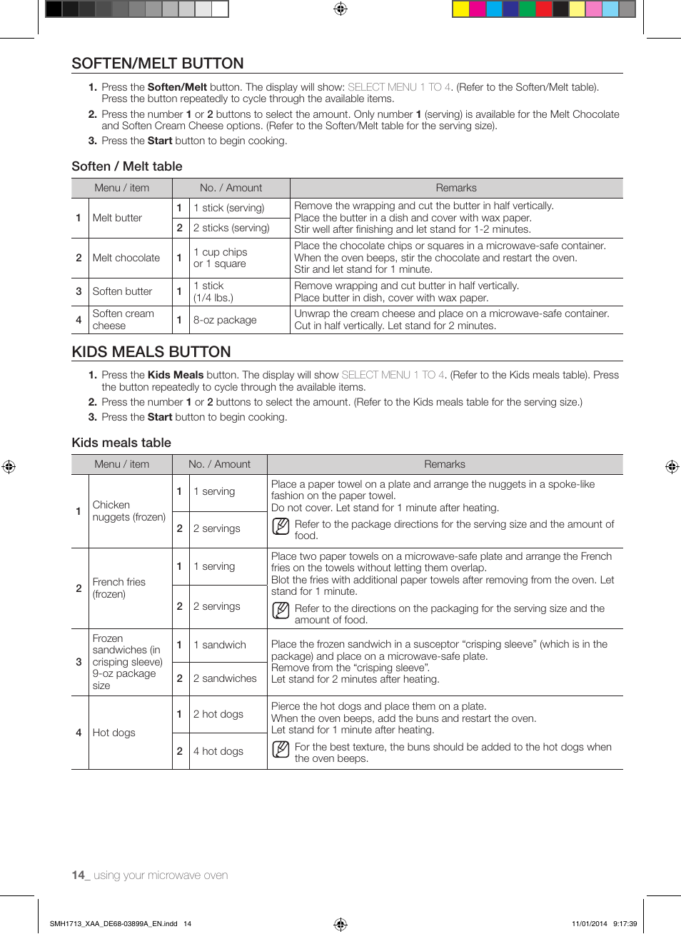 Soften/melt button, Kids meals button, Soften / melt table | Kids meals table | Samsung SMH1713W-XAA User Manual | Page 14 / 52