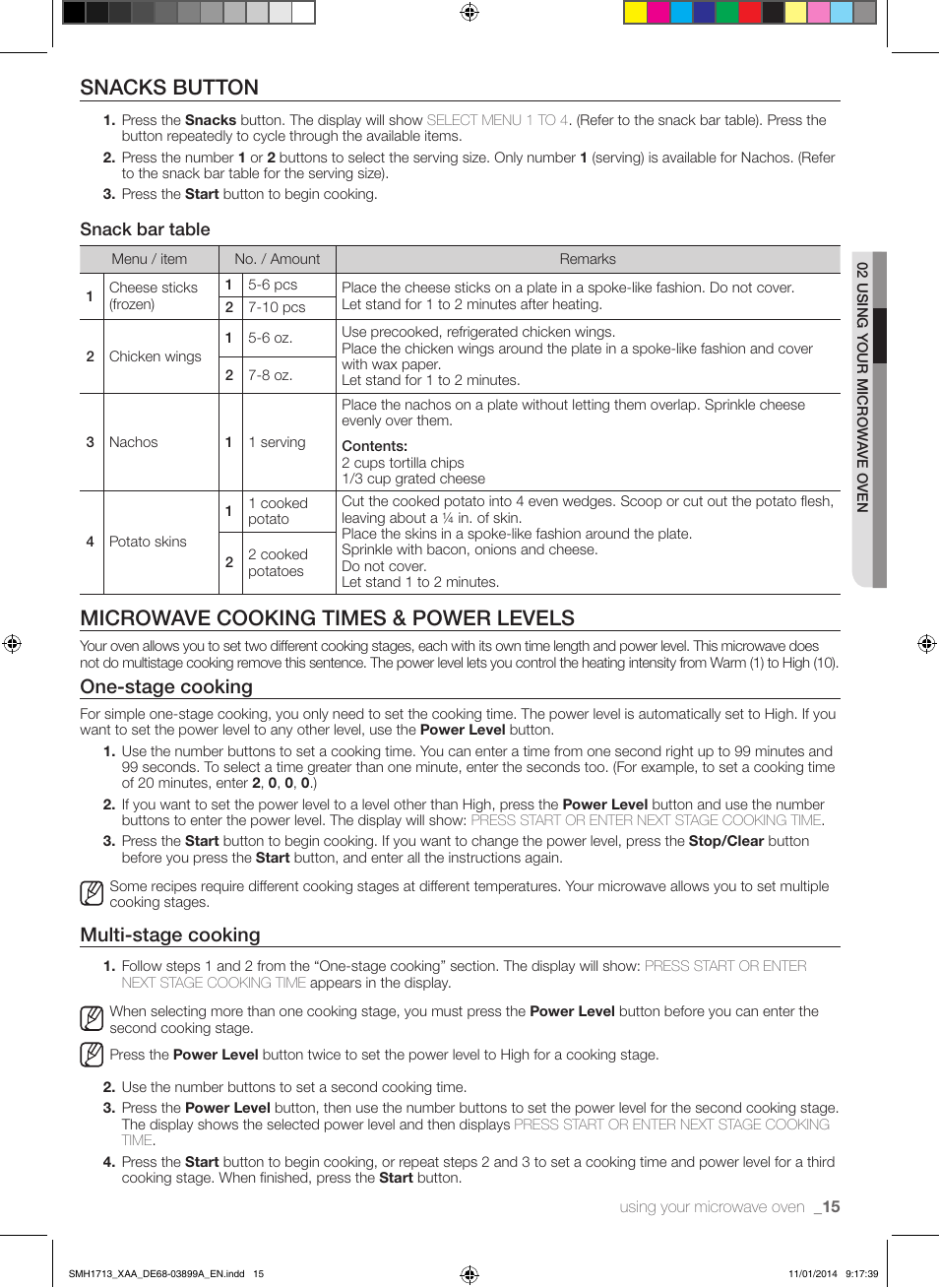 Snacks button, Microwave cooking times & power levels, One-stage cooking | Multi-stage cooking, Snack bar table | Samsung SMH1713W-XAA User Manual | Page 15 / 52