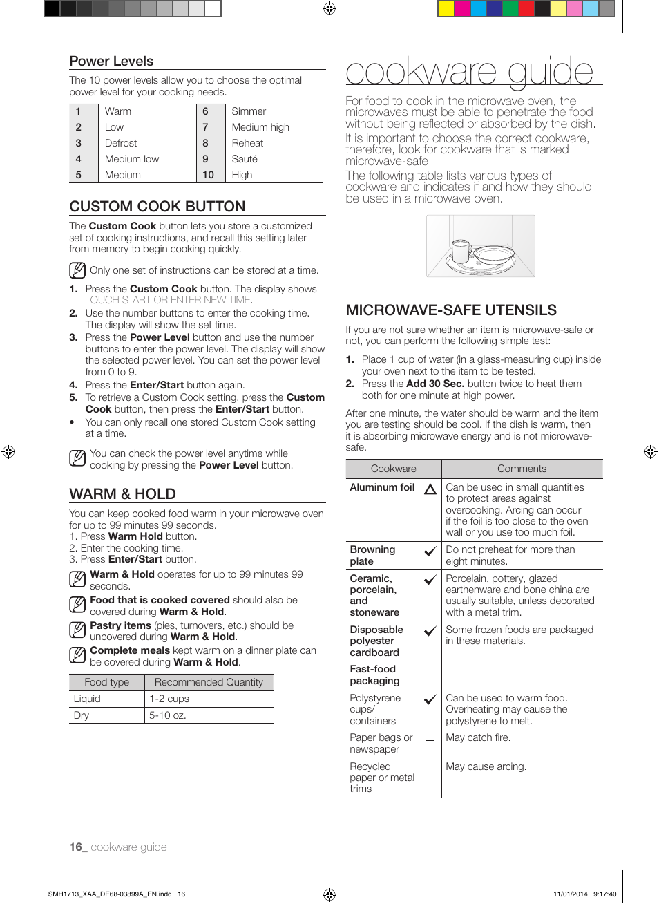 Cookware guide, Custom cook button, Warm & hold | Microwave-safe utensils, Power levels | Samsung SMH1713W-XAA User Manual | Page 16 / 52