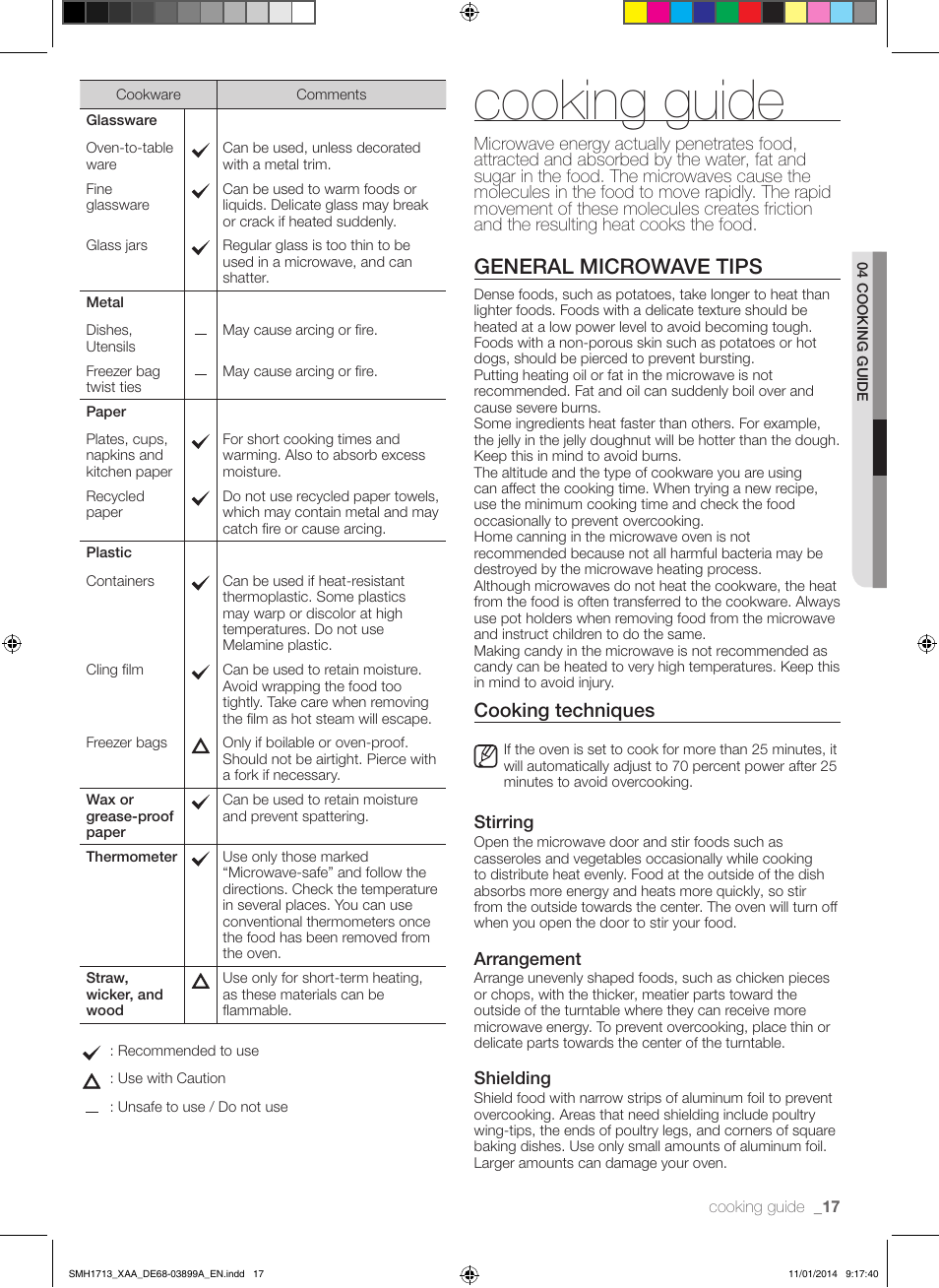 Cooking guide, General microwave tips, Cooking techniques | Samsung SMH1713W-XAA User Manual | Page 17 / 52